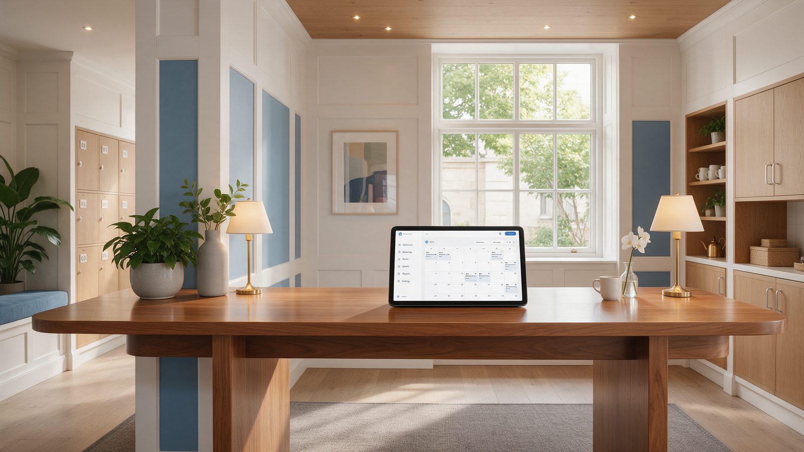 Hotel reception desk with a tablet showing a room-booking calendar dashboard